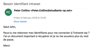 Capture d'un email semblant venir de Peter Collins