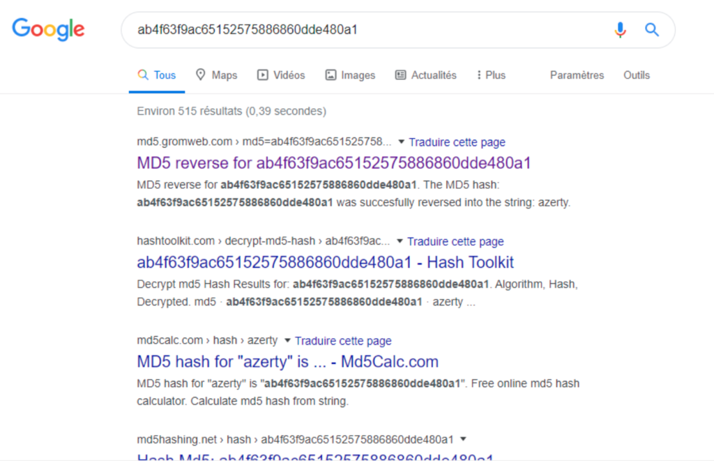 Searching md5 hash in google