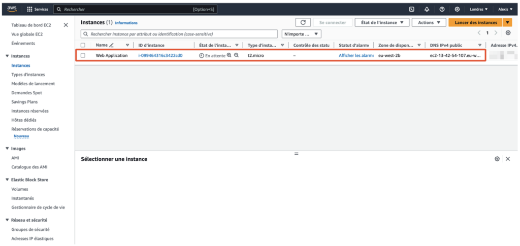 Instance de l'application web via la console AWS