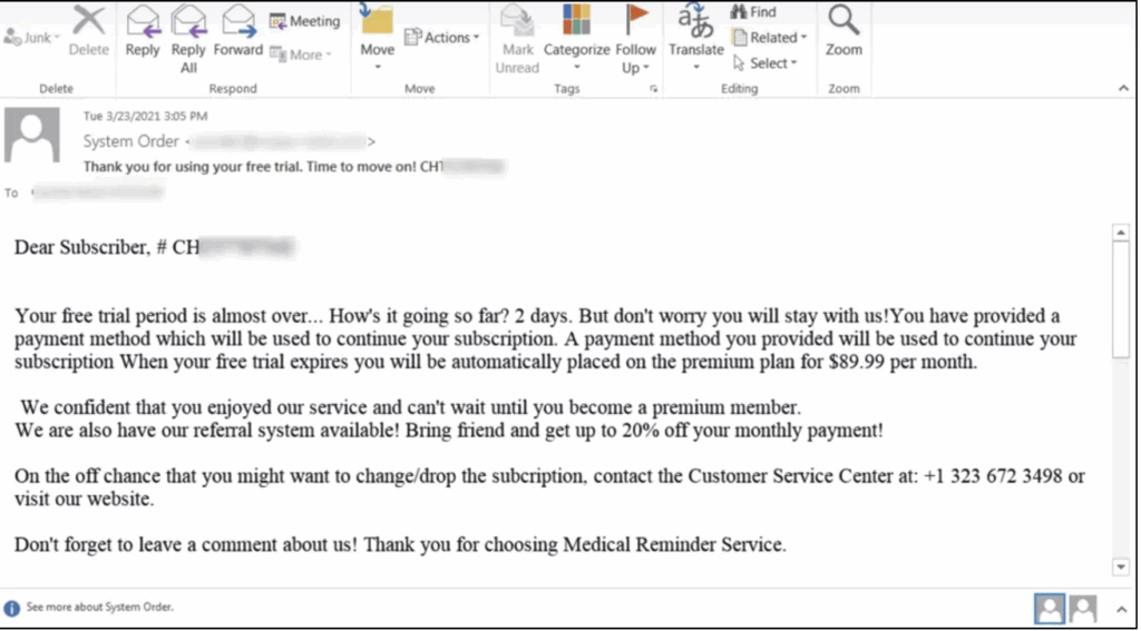 Exemple d'attaque de type « callback phishing »
