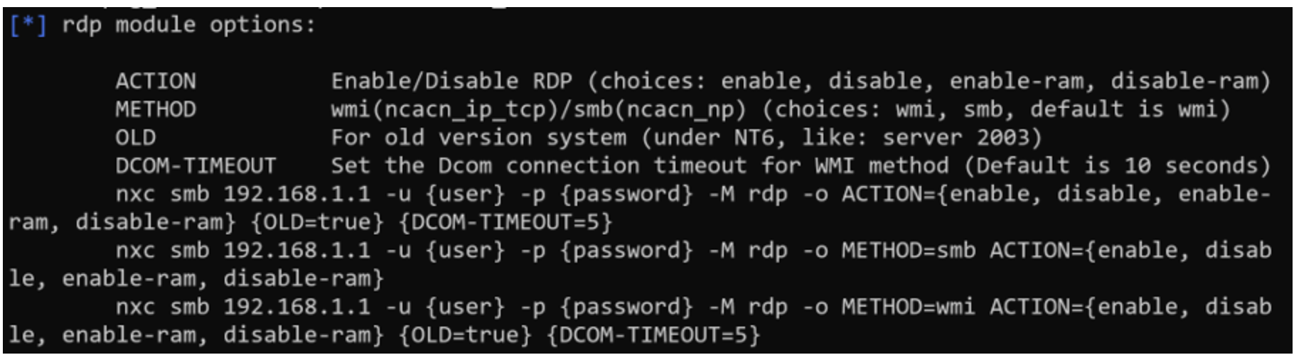 Description of WMI rdp module options
