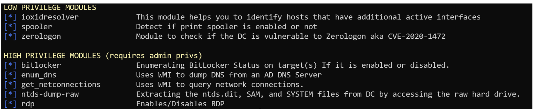 List of WMI protocol modules returned by the command above.