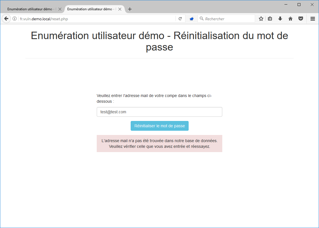 Réinitialisation de mot de passe - énumération