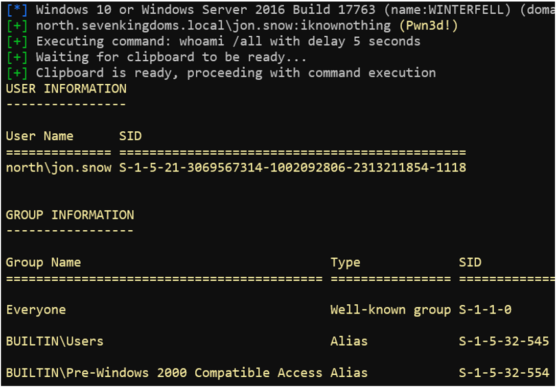 Result of a command execution via the RDP protocol