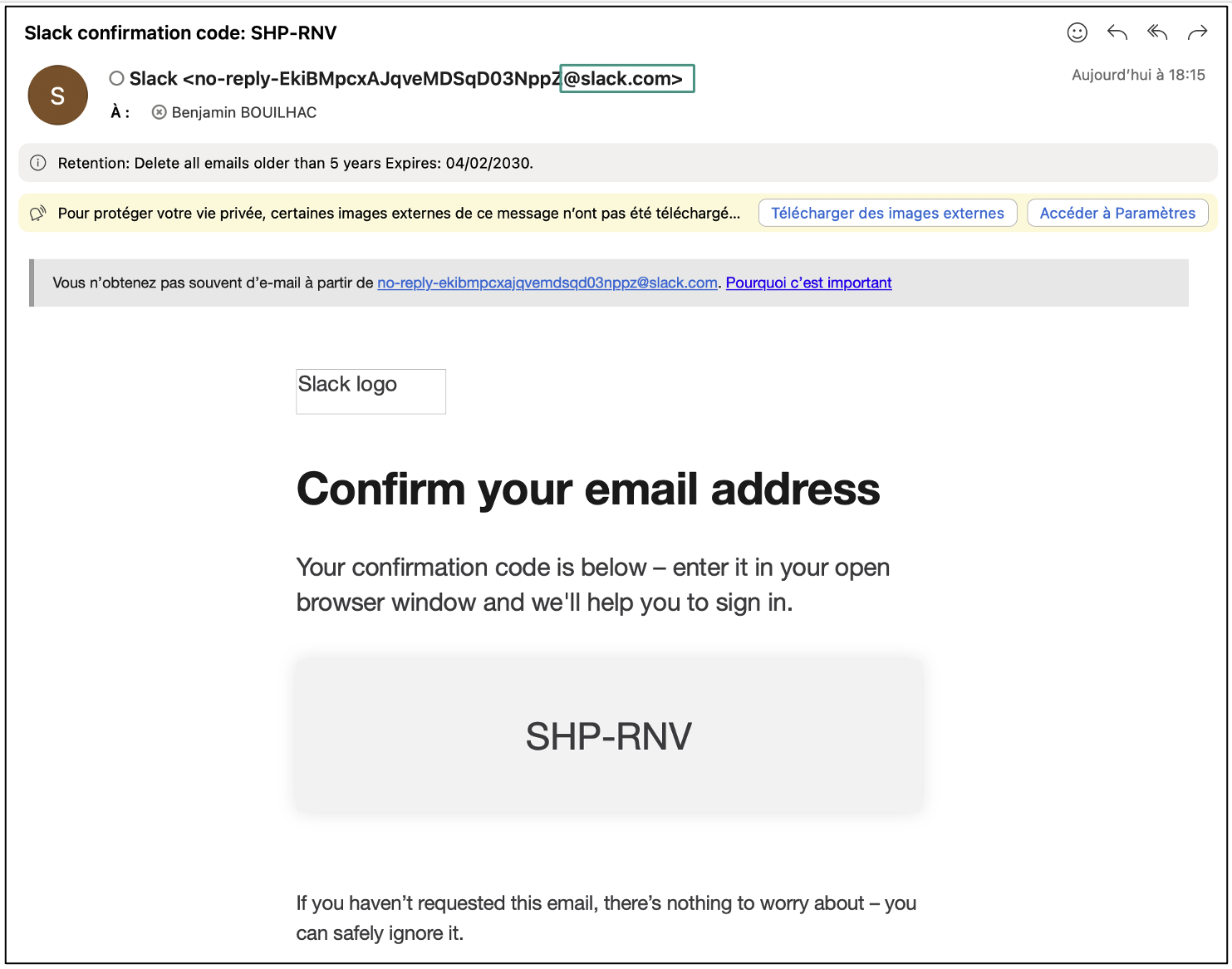 One-time code sent by Slack