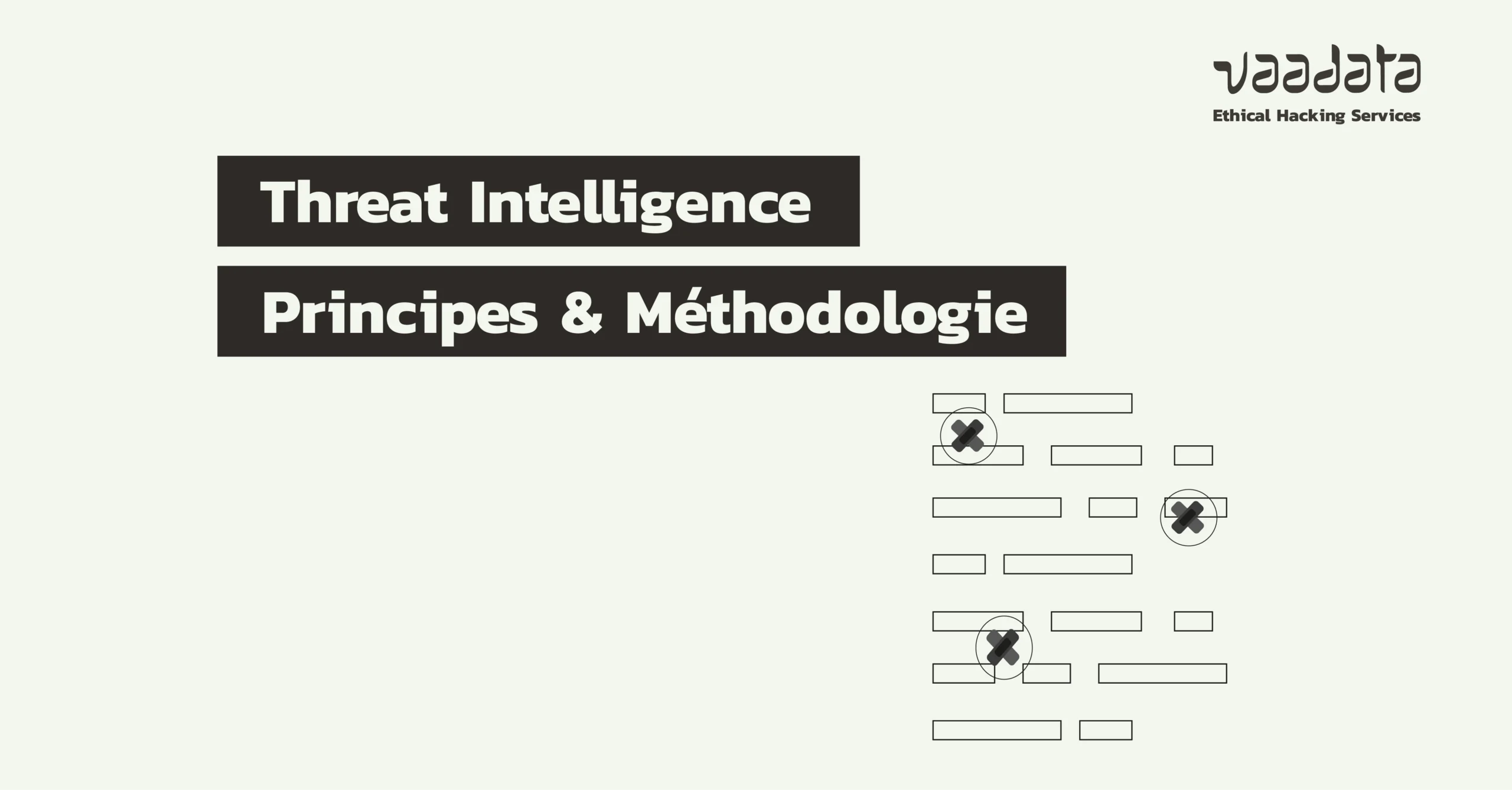Course title: 'Threat Intelligence Principles & Méthodologie' with an 'Ethical Hacking Services' logo in the top-right corner. The left displays two black, staggered rectangular banners containing the white text.